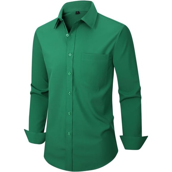 Men's Green Dress Long Sleeve Button Down Business Formal Stretch Shirts - Picture 2 of 6